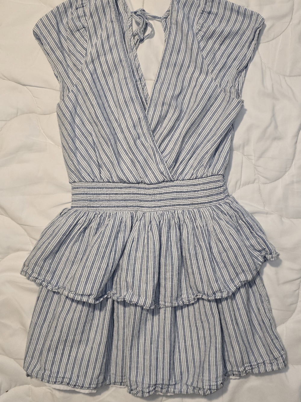 American Eagle Outfitters Blue and White Striped Tiered Wrap Mini Dress